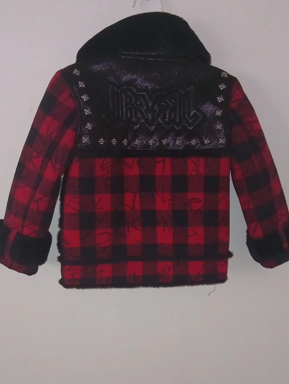 John Richmond Red and Black Plaid Faux Fur Trim Puffer Jacket